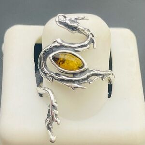 Silver Dragon Ring with Amber Stone size 6-7
